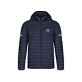 A navy blue hooded puffer jacket with a black zipper and a circular crest logo on the left chest, displayed on a solid white background.