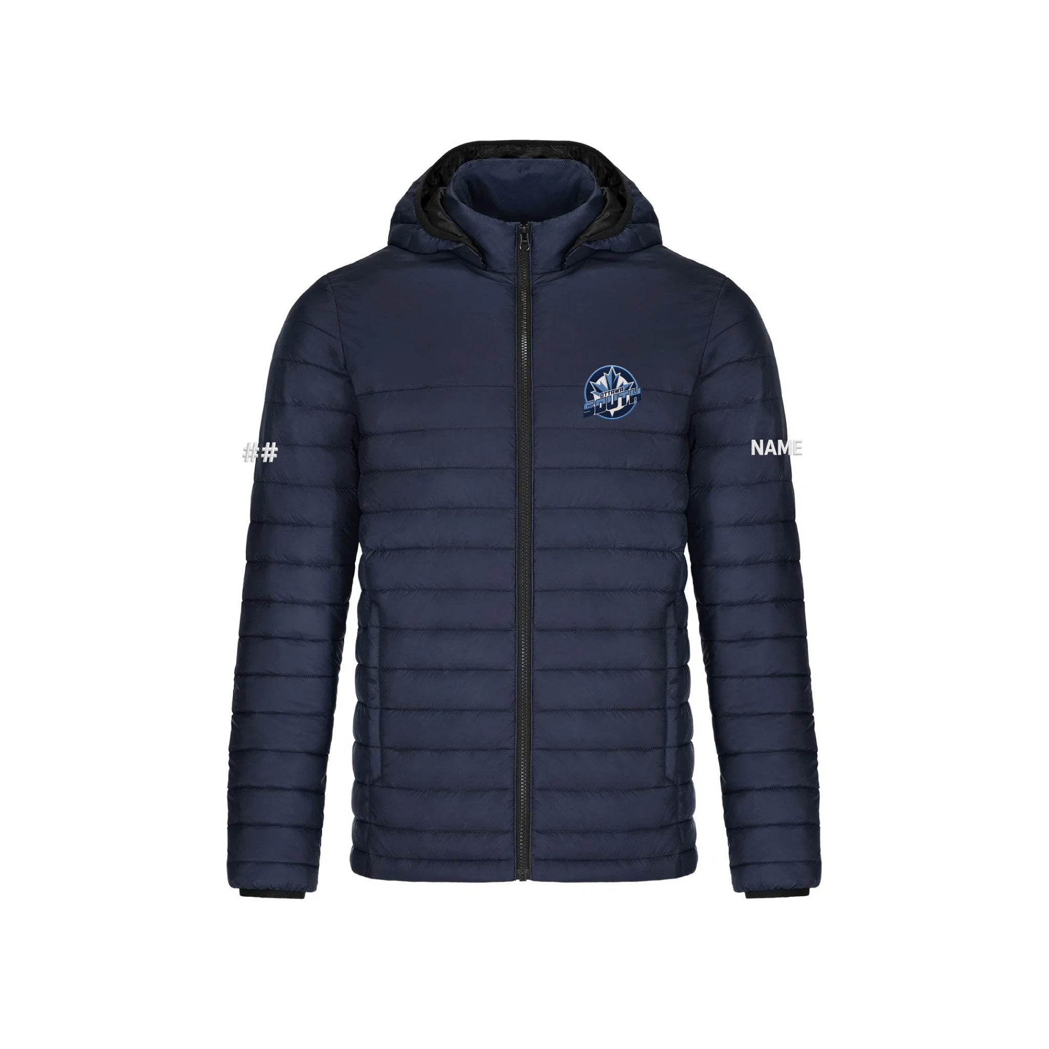 A navy blue hooded puffer jacket with a black zipper and a circular crest logo on the left chest, displayed on a solid white background.