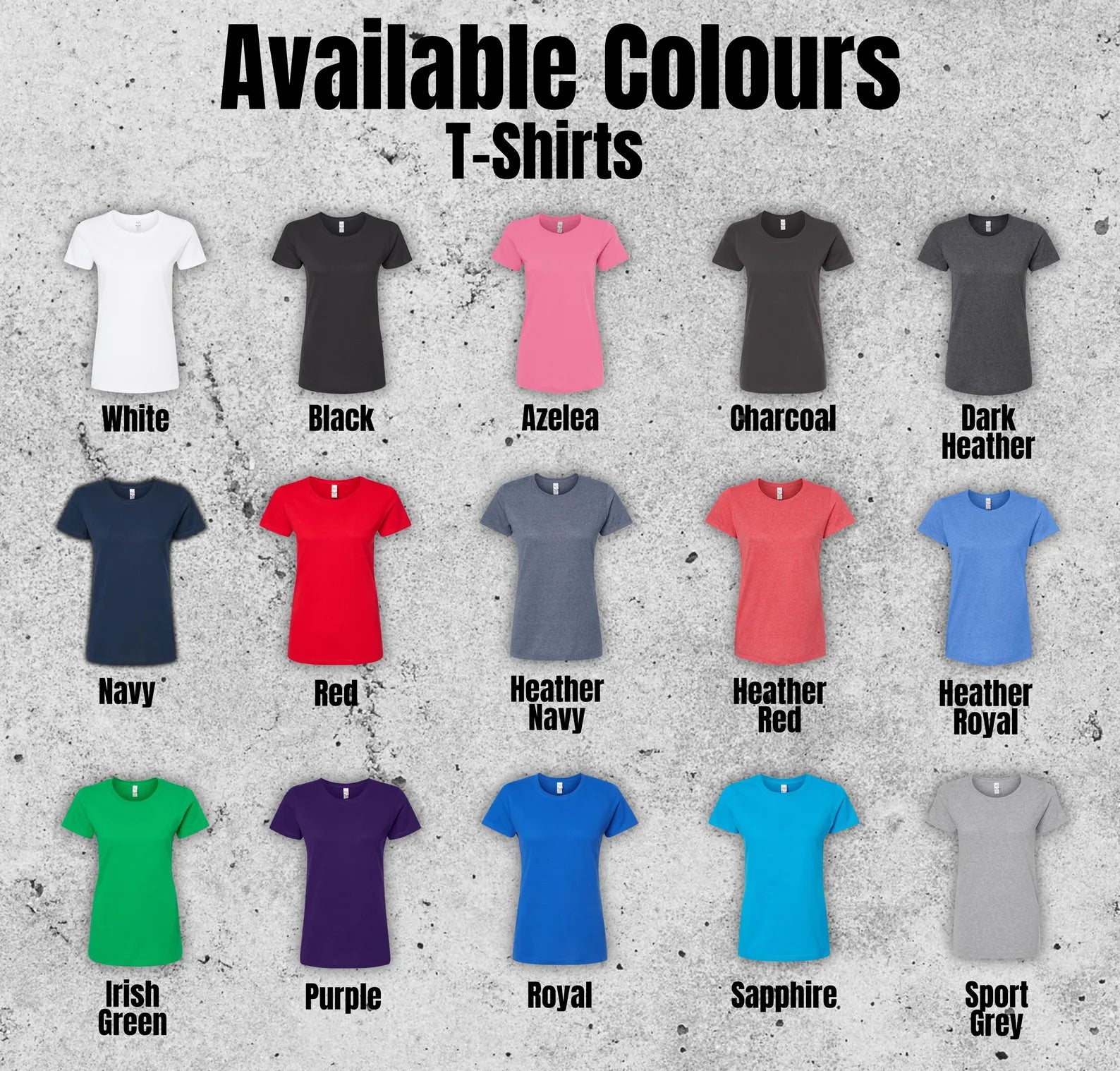 Display of t-shirts in various colors on a textured gray background