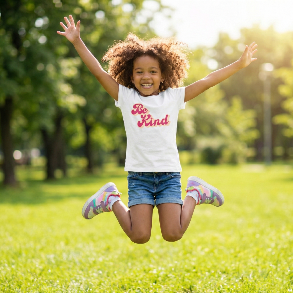 Child jumping in a park wearing a 'Be Kind' t-shirt