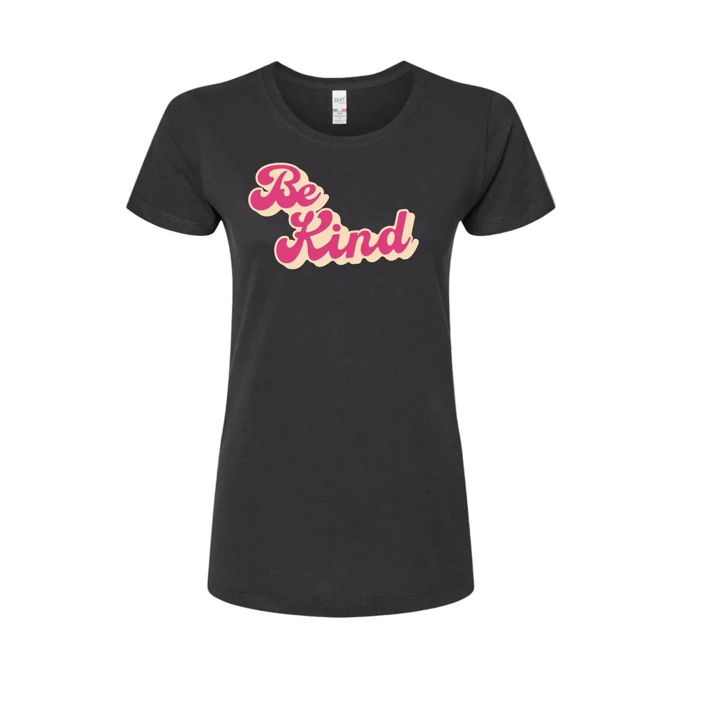 Black t-shirt with 'Be Kind' text in pink and yellow on a white background