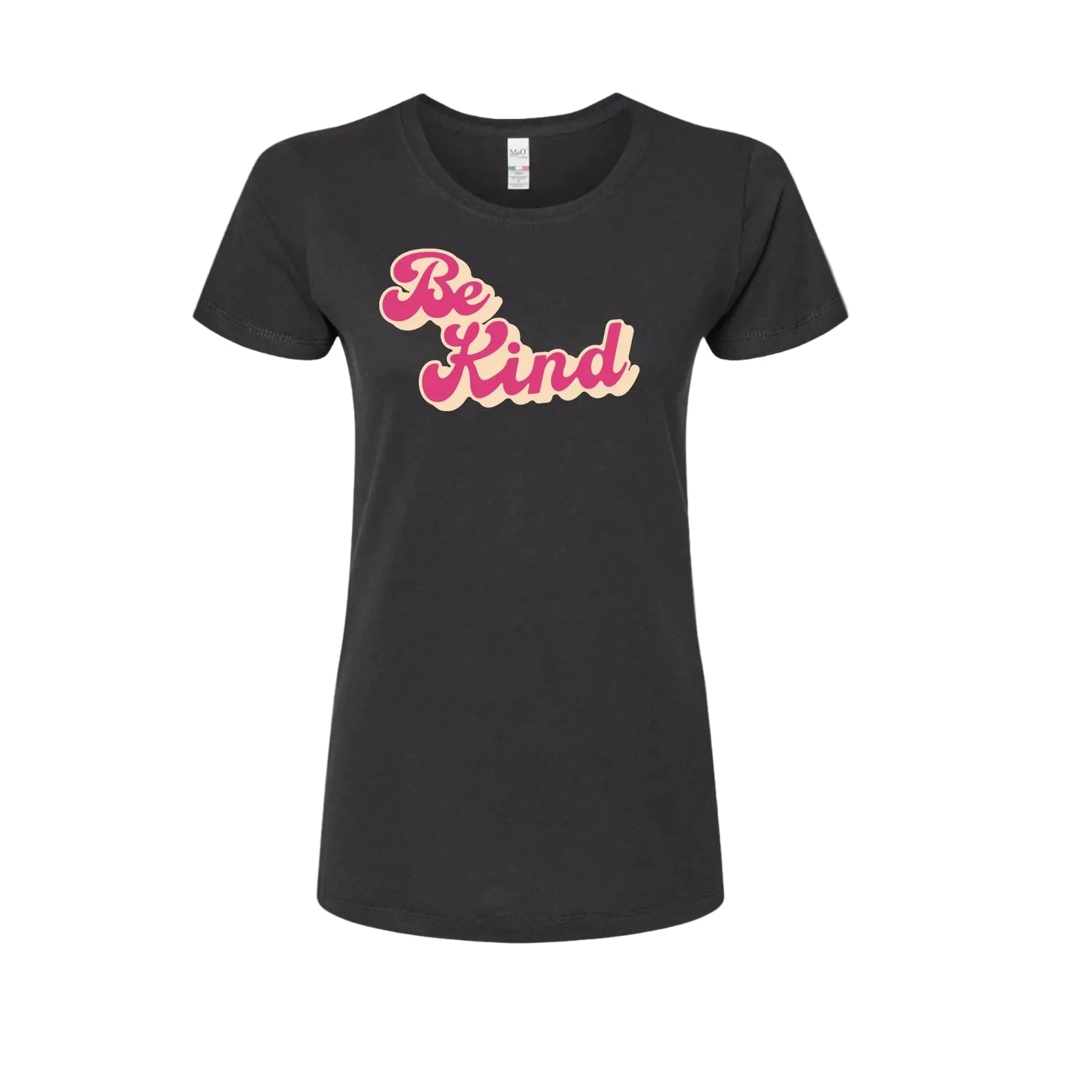 Black t-shirt with 'Be Kind' text in pink and yellow on a white background