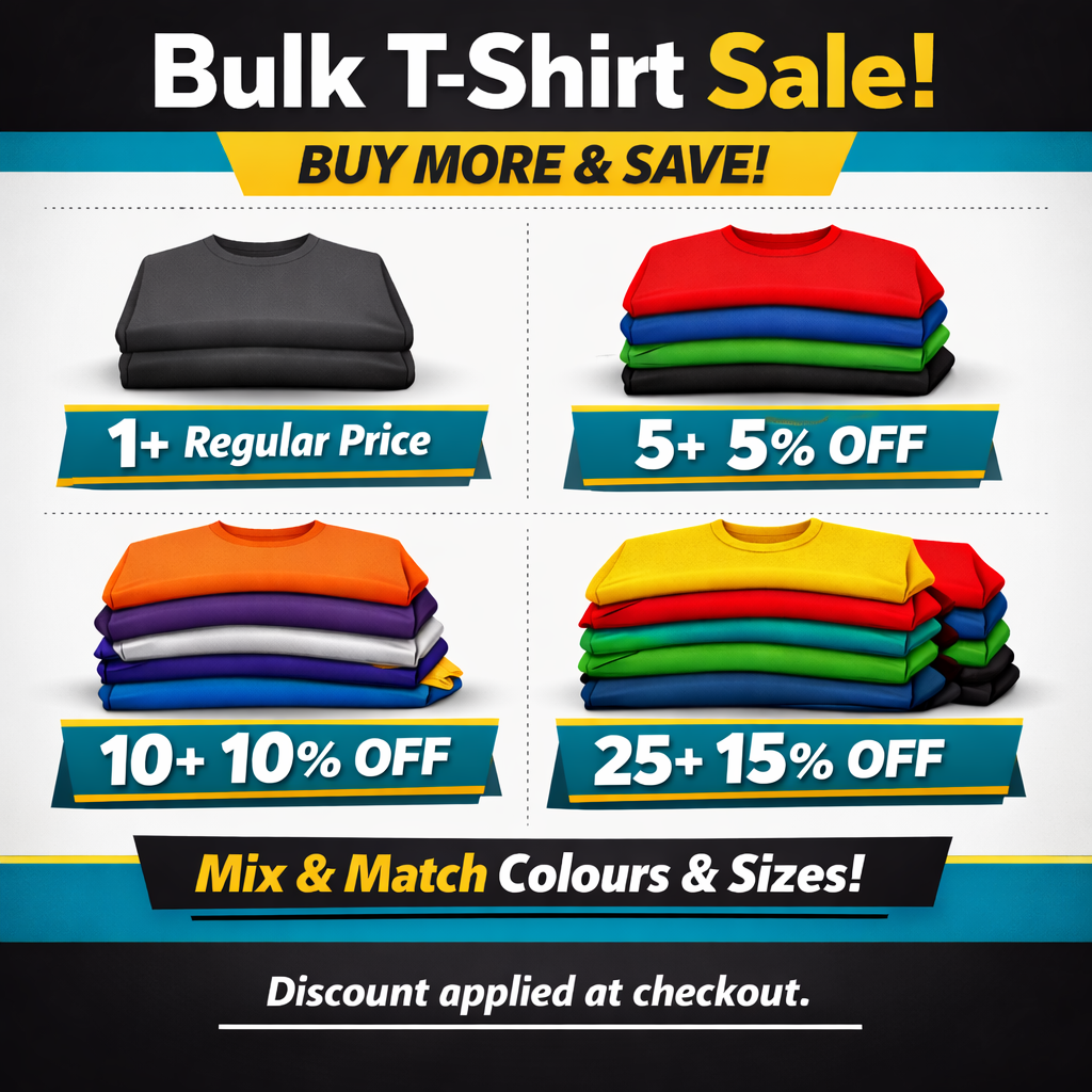 Promotional graphic for a bulk t-shirt sale with discount information.