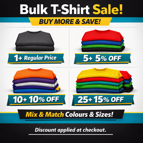 Promotional graphic for a bulk t-shirt sale with discount information.