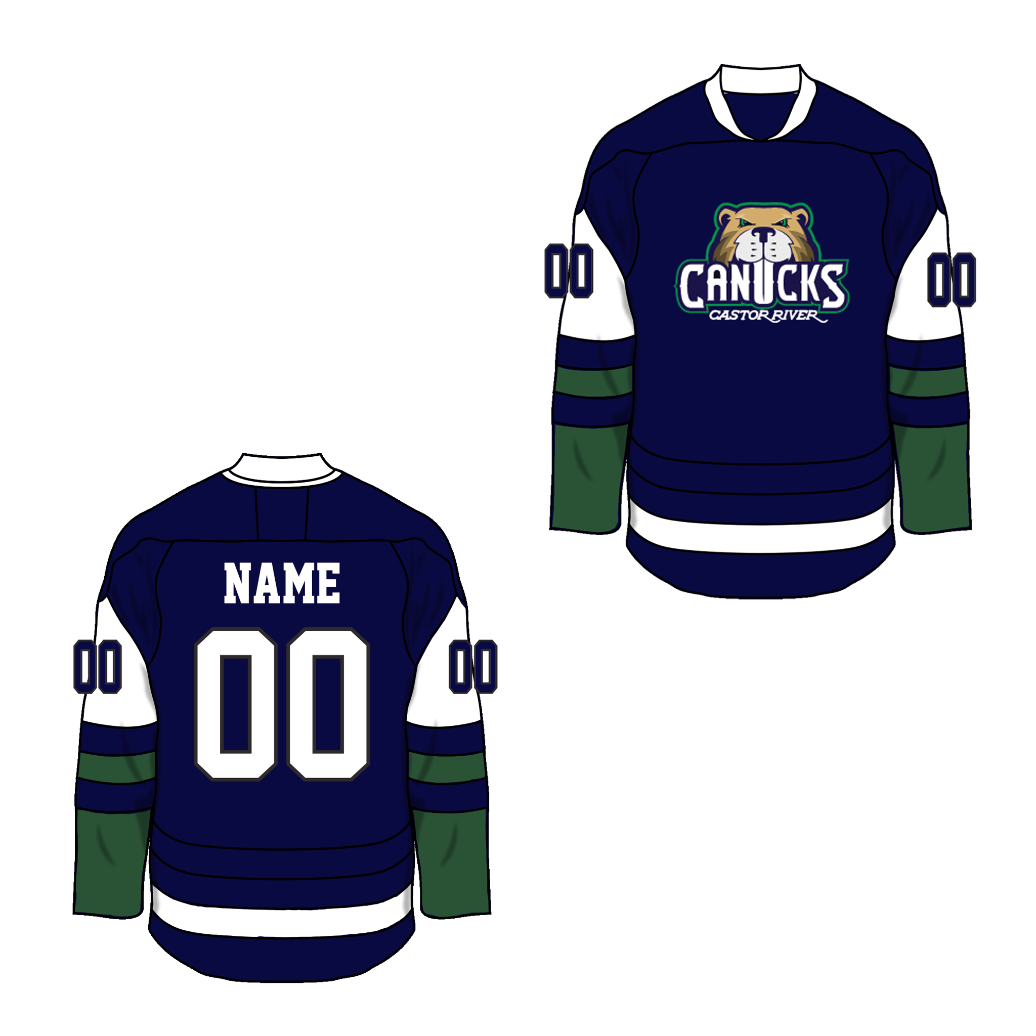 Hockey jersey decals with 'Canucks' logo and customizable name and number on a white background