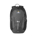 Black backpack with Under Armour logo and Canucks logo on a white background