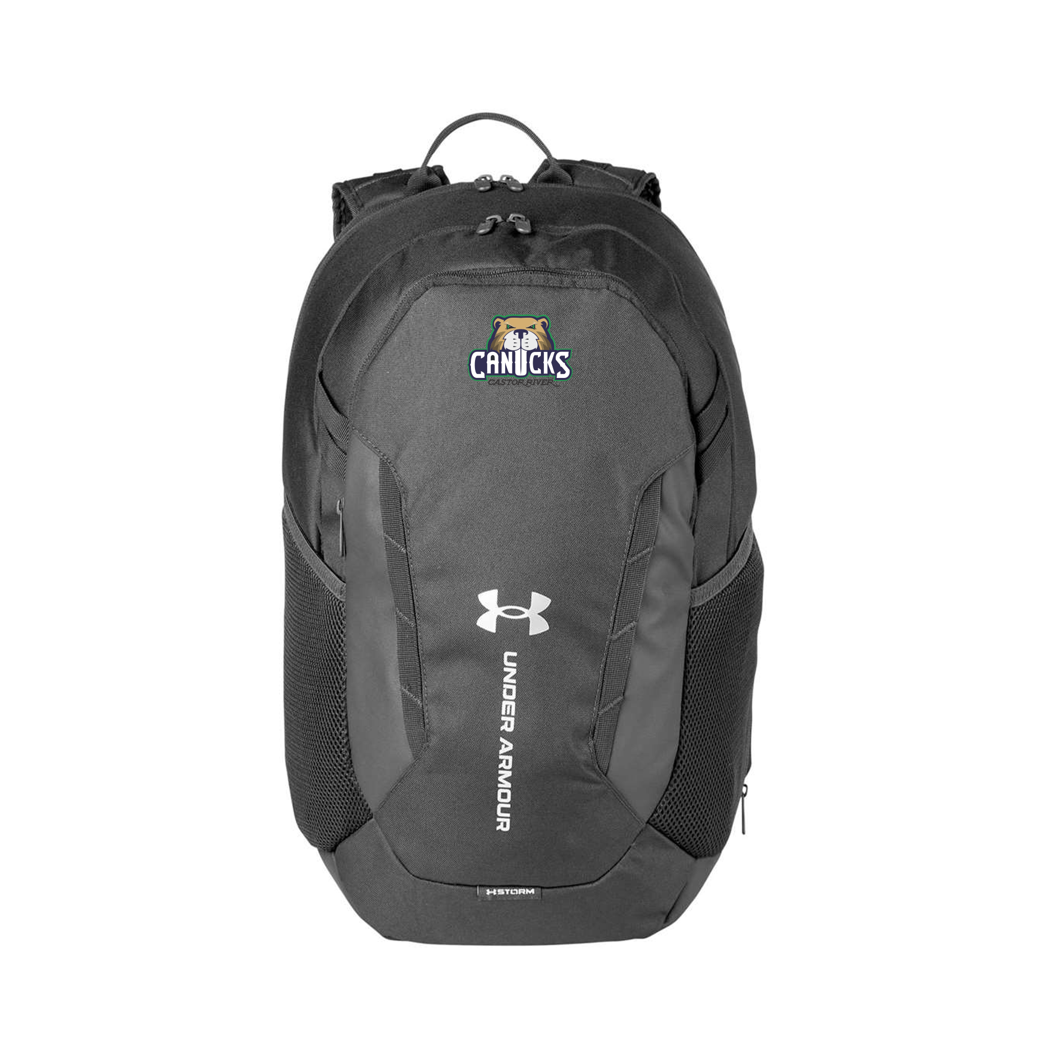 Black backpack with Under Armour logo and Canucks logo on a white background