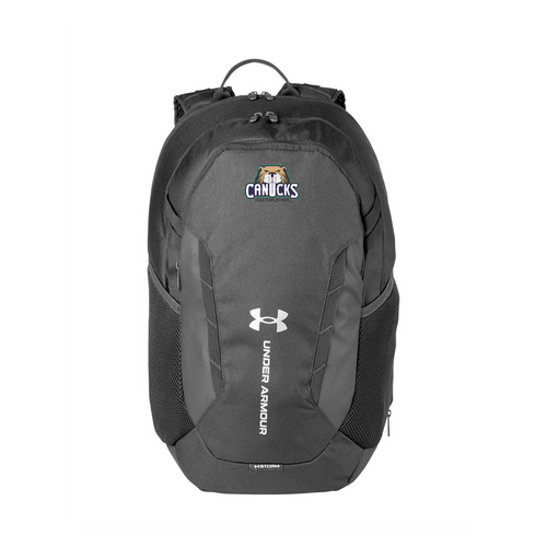 Black backpack with Under Armour logo and Canucks logo on a white background