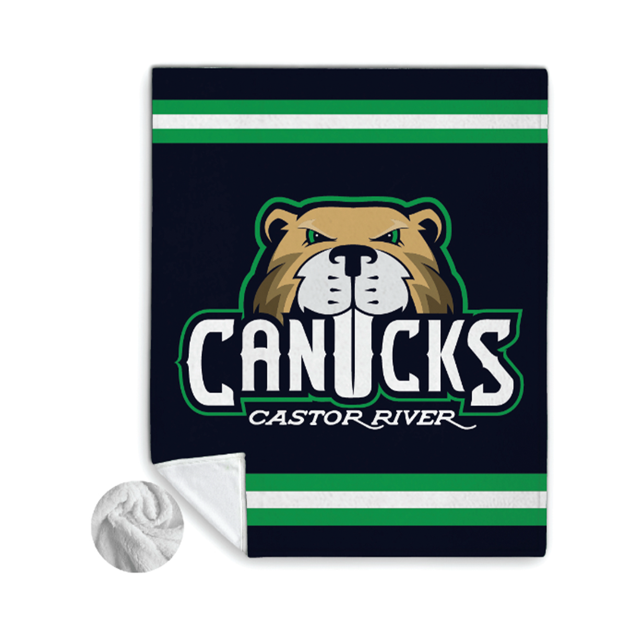 Blanket with Canucks Castor River logo on a white background