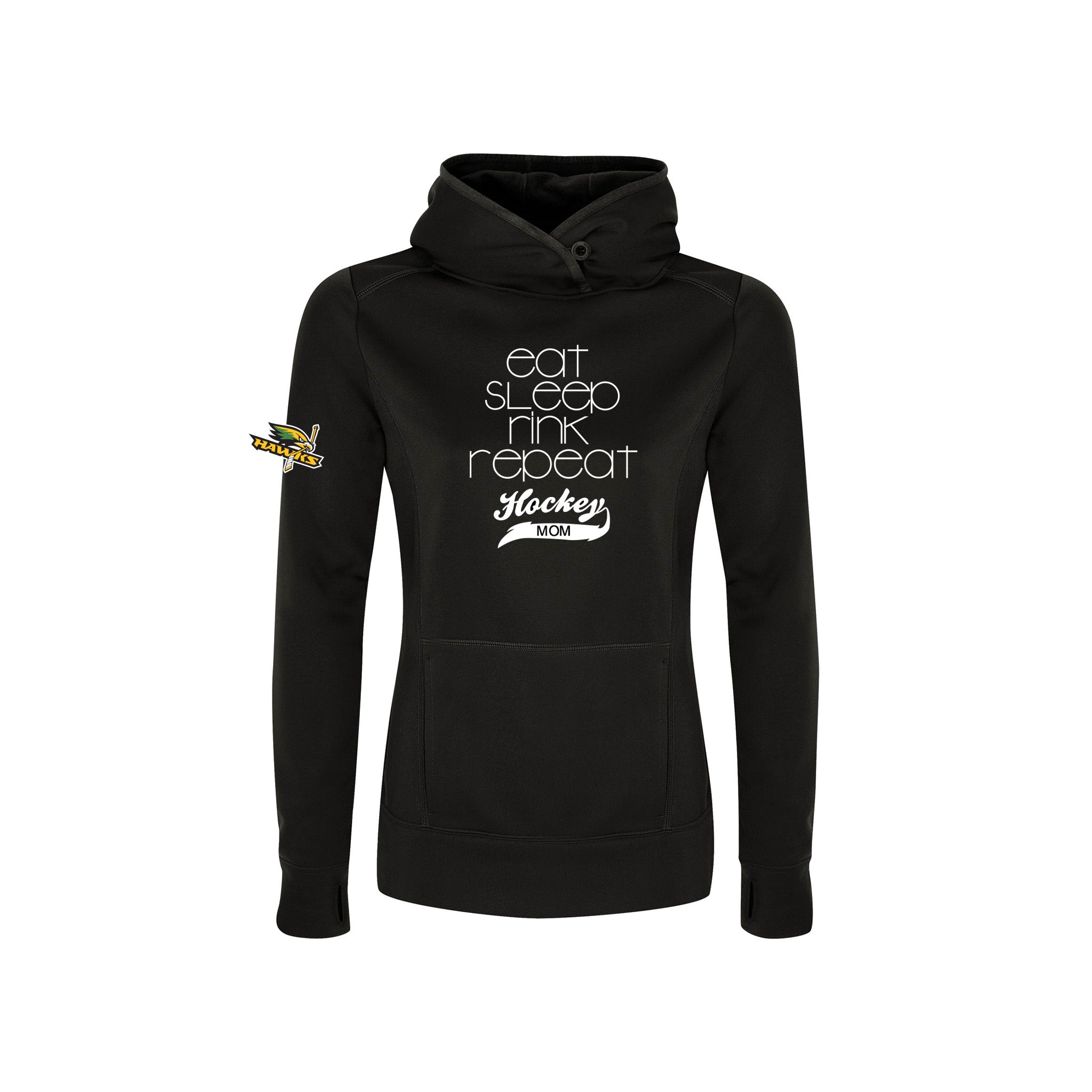 Black hoodie with 'eat sleep rink repeat hockey mom' text on a white background