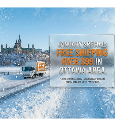 Truck delivering a package with a snowy landscape and a building in the background, featuring a January special offer for free shipping.