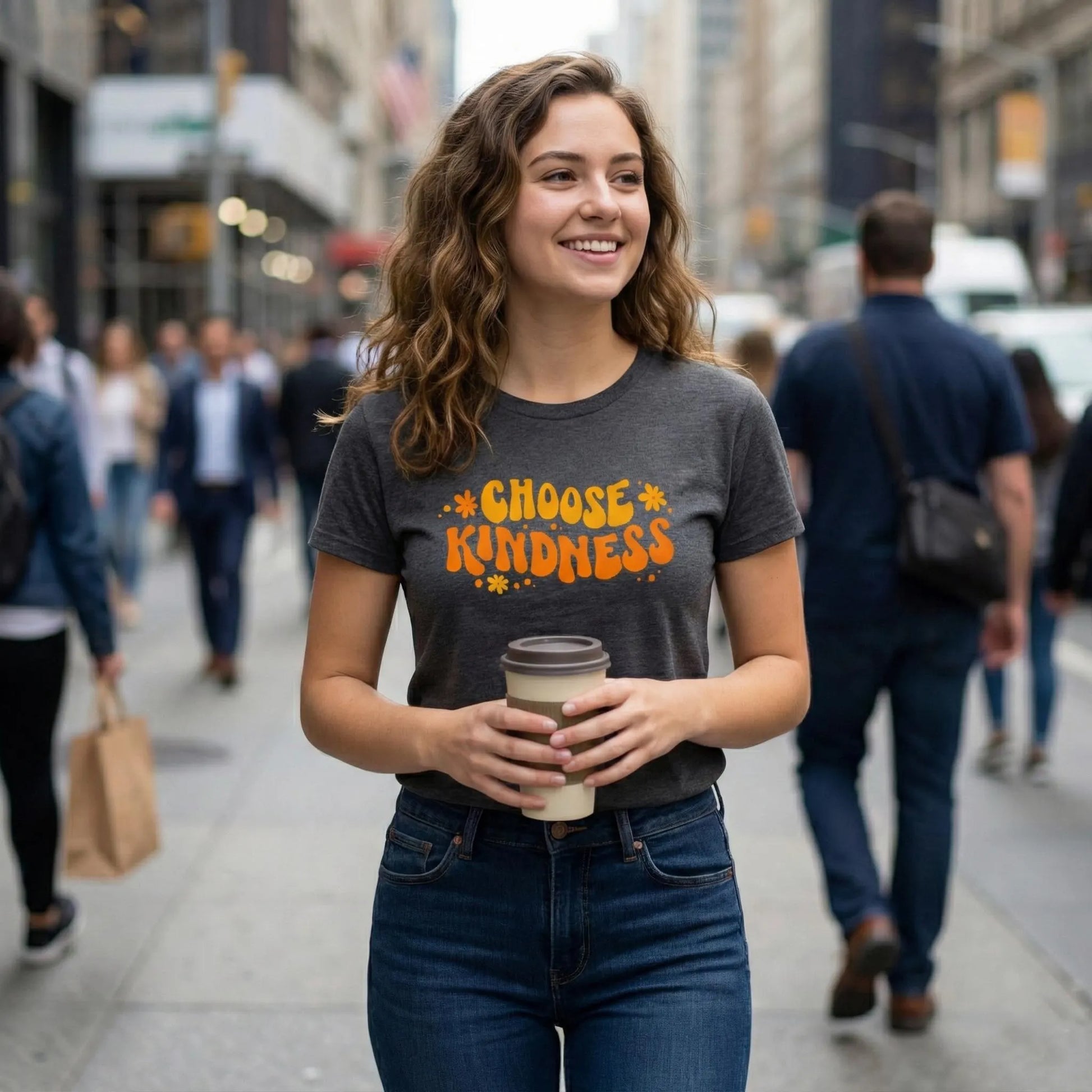 Woman wearing a 'Choose Kindness' t-shirt on a city street.