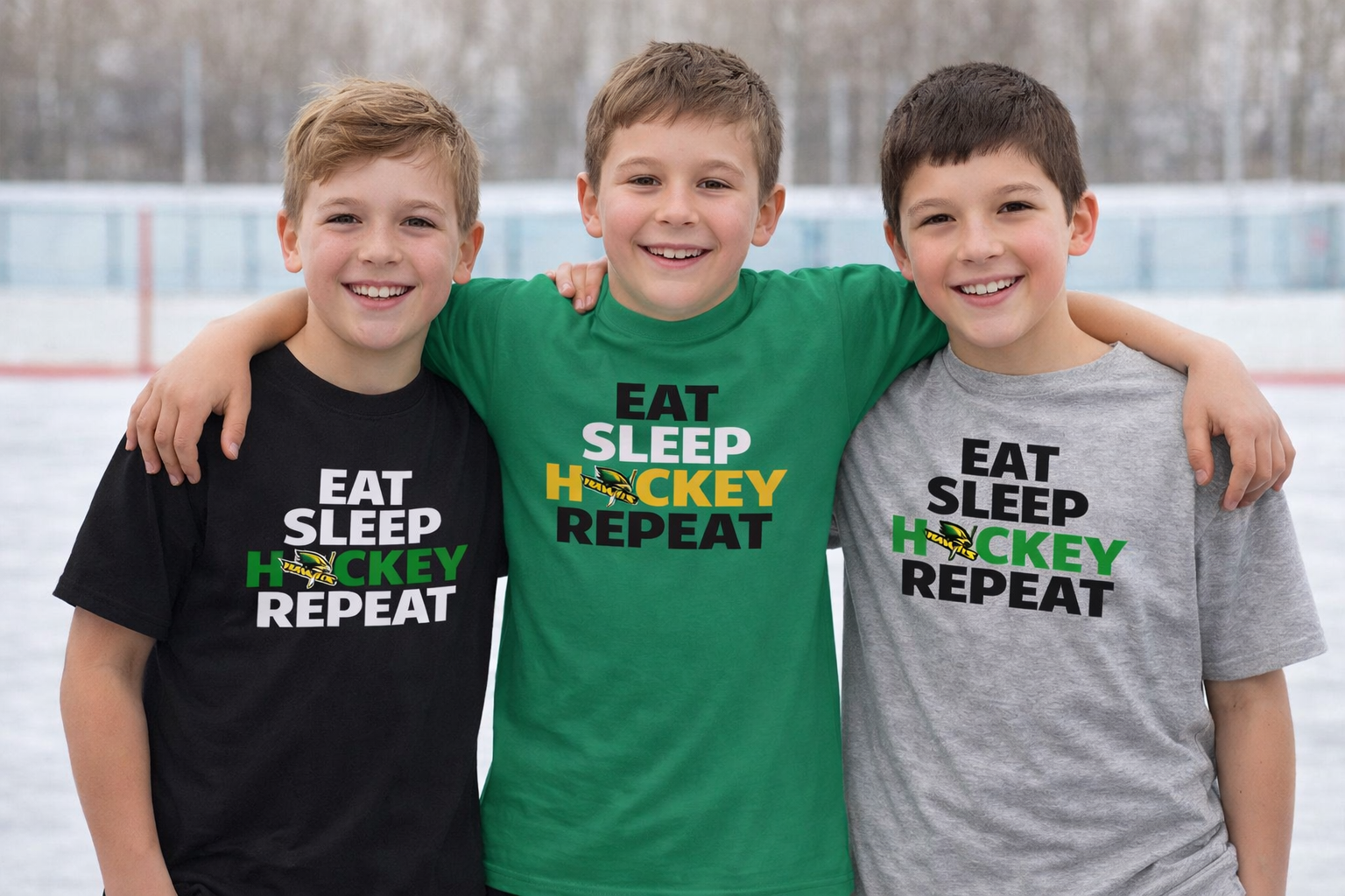 Three children wearing 'Eat Sleep Hockey Repeat' t-shirts on a snowy background.