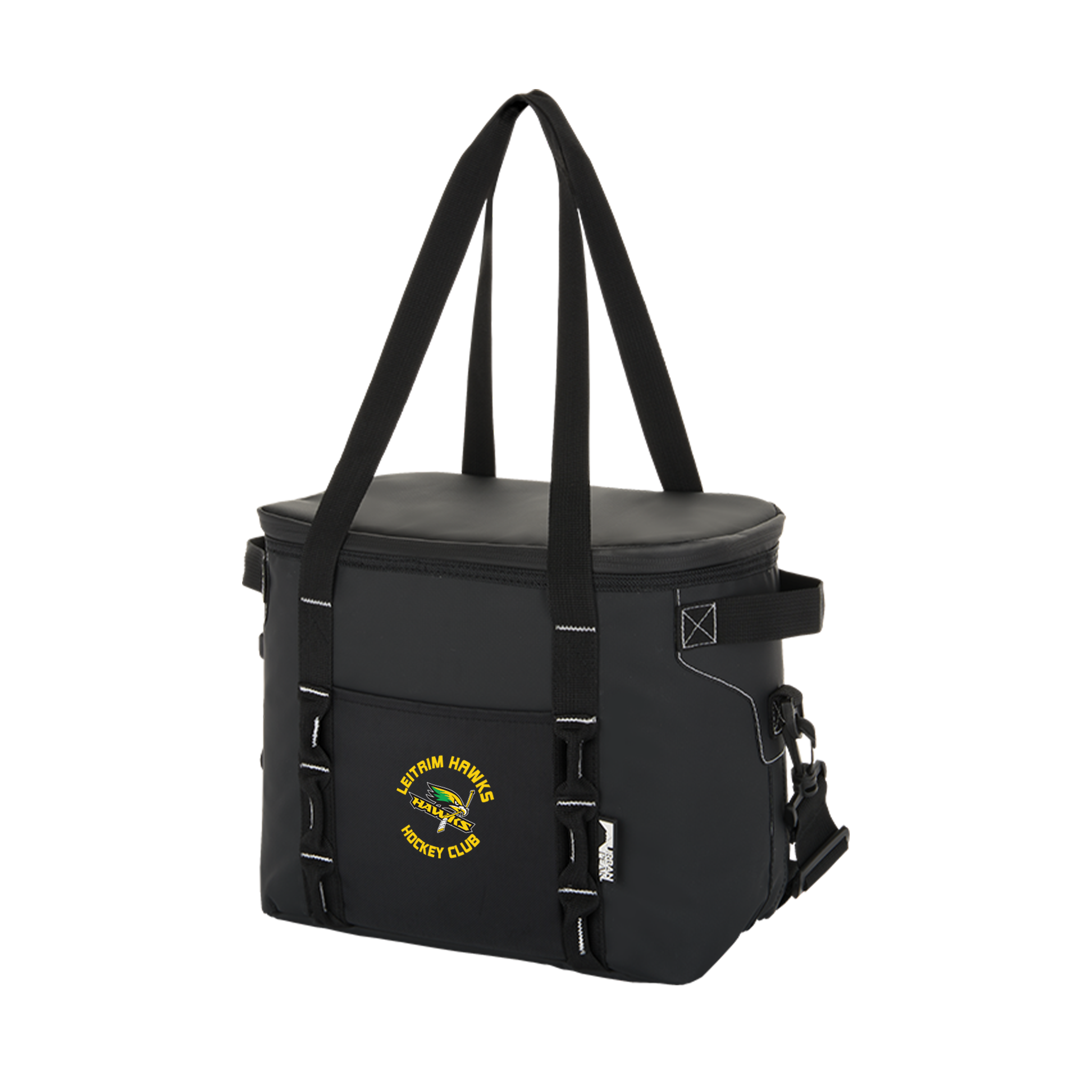 Black cooler bag with a leitrim hawks logo on a white background