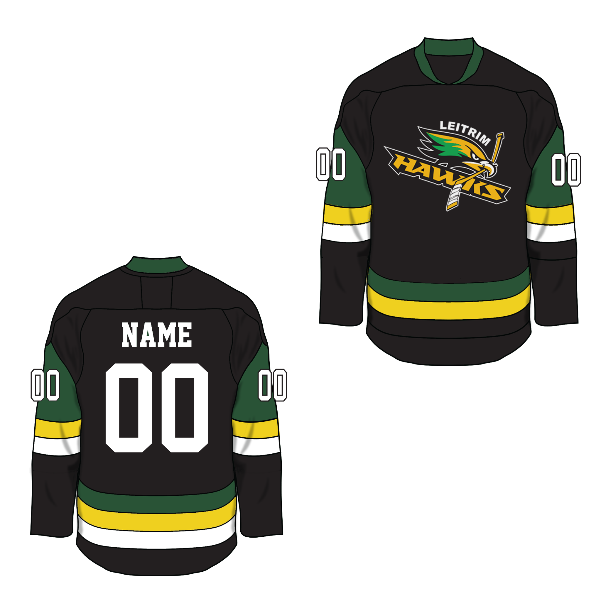 Hockey jersey decals with Leitrim Hawks logo on a white background