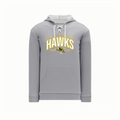 Gray hoodie with 'Hawks' text and logo on a white background
