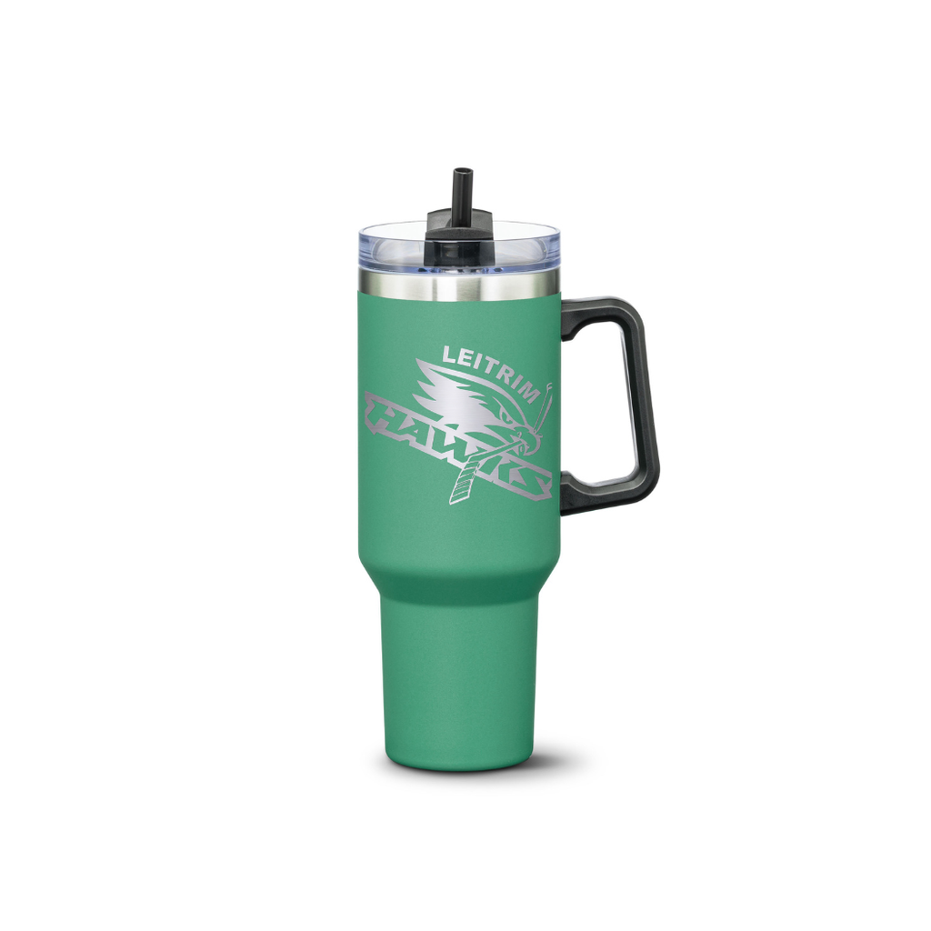 Green travel mug with a leitrim logo and text on a white background