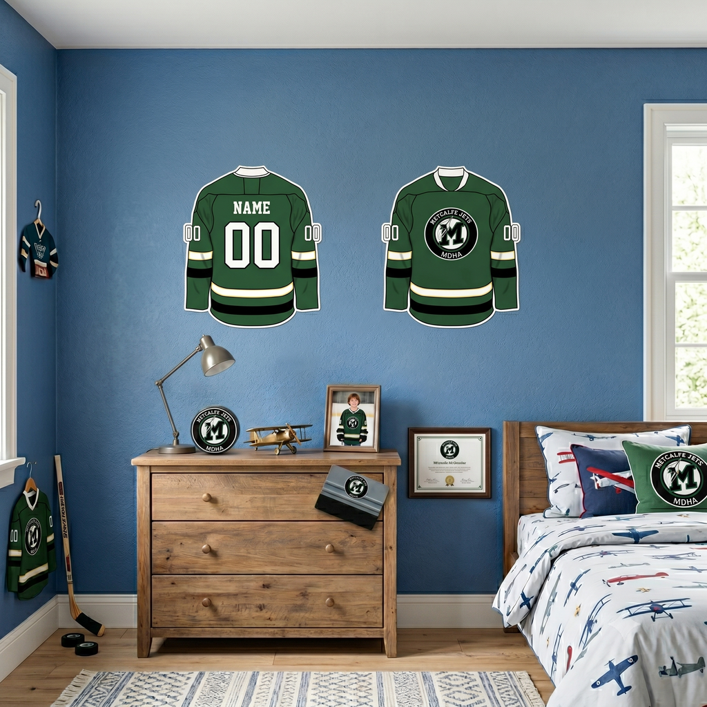 Children's bedroom with hockey-themed decor, including jerseys on the wall and sports-themed bedding.