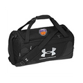 Black Under Armour duffel bag with a basketball design on a white background