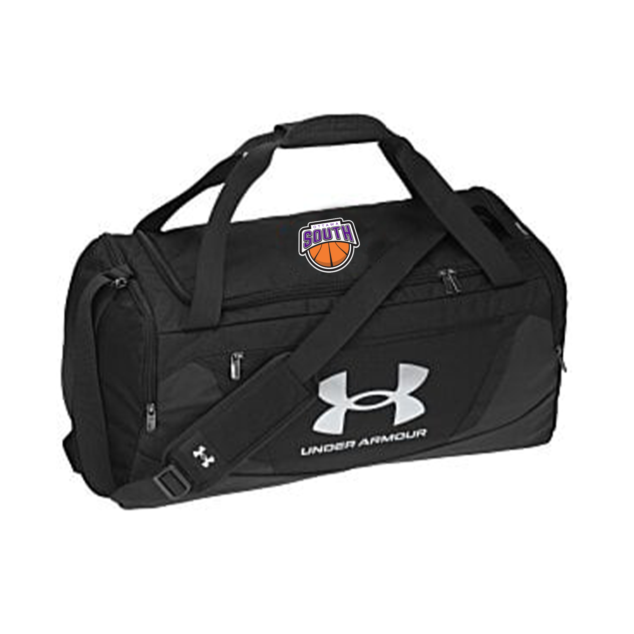 Black Under Armour duffel bag with a basketball design on a white background