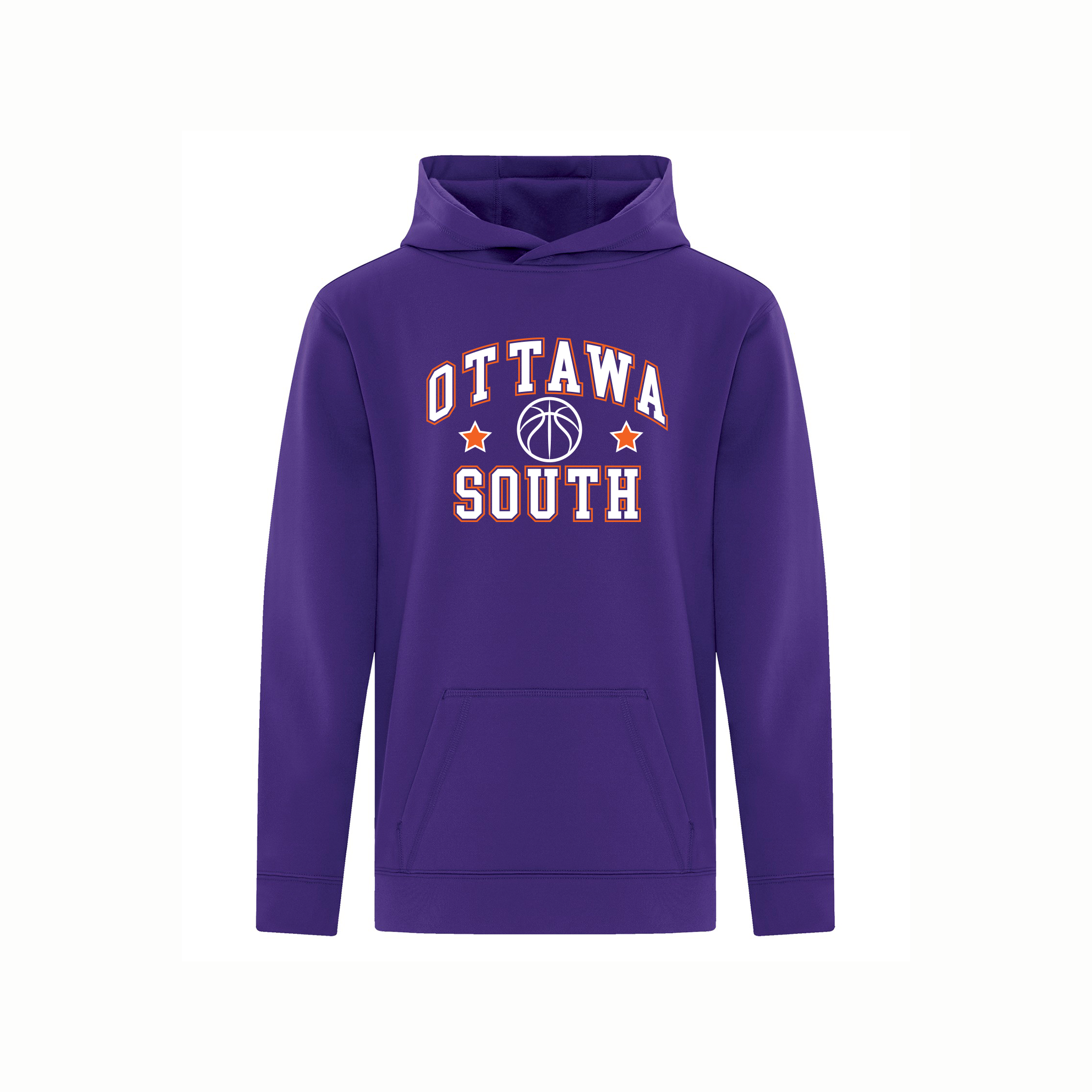 Purple hoodie with 'Ottawa South' text and basketball graphic on a white background