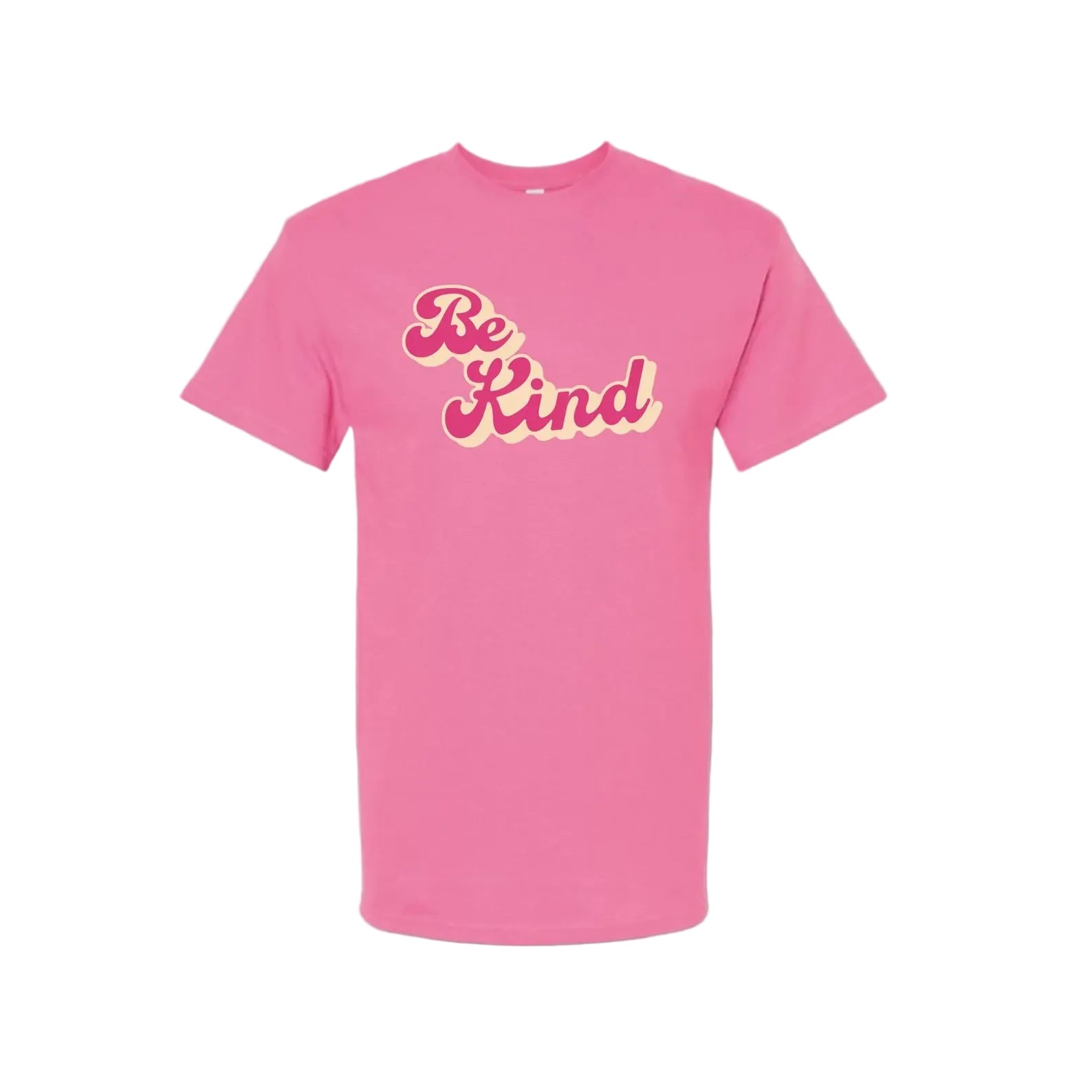 Pink t-shirt with 'Be Kind' text on a white background
