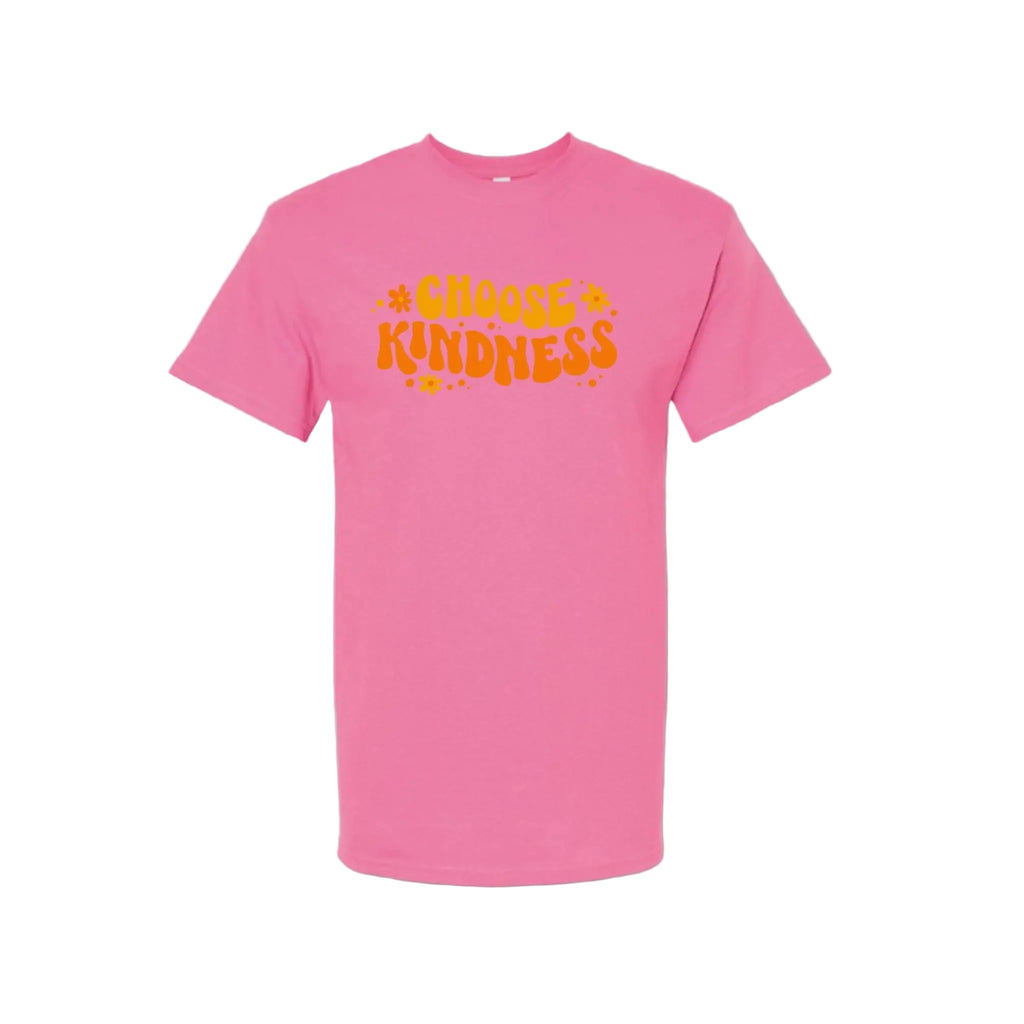 Pink t-shirt with 'Choose Kindness' text in yellow on a white background