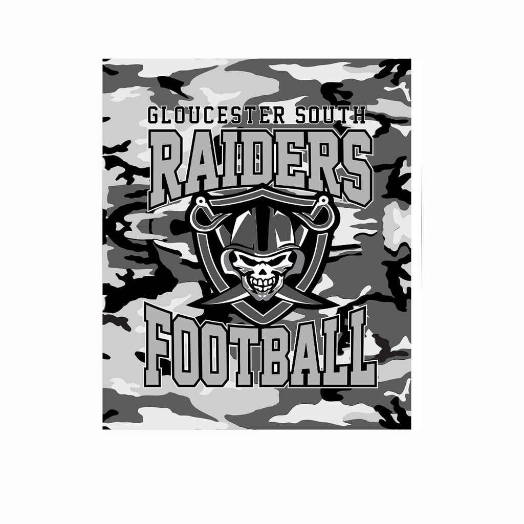 Gloucester South Raiders football logo on a camouflage patterned fleece blanket