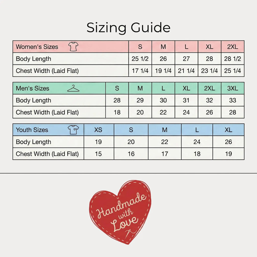 Sizing guide for women, men, and youth with a 'Handmade with Love' heart logo at the bottom.