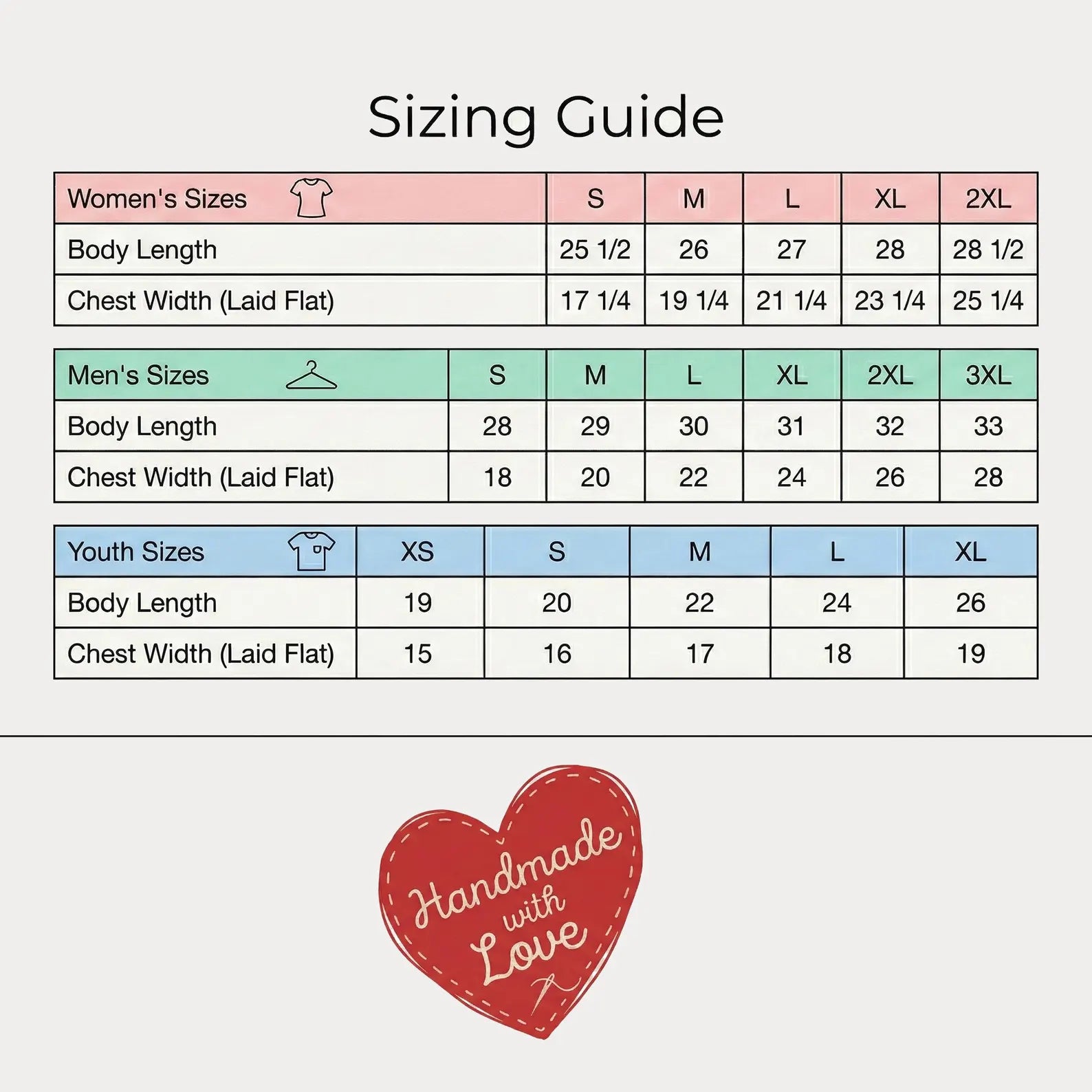 Sizing guide for women, men, and youth with a 'Handmade with Love' heart logo at the bottom.