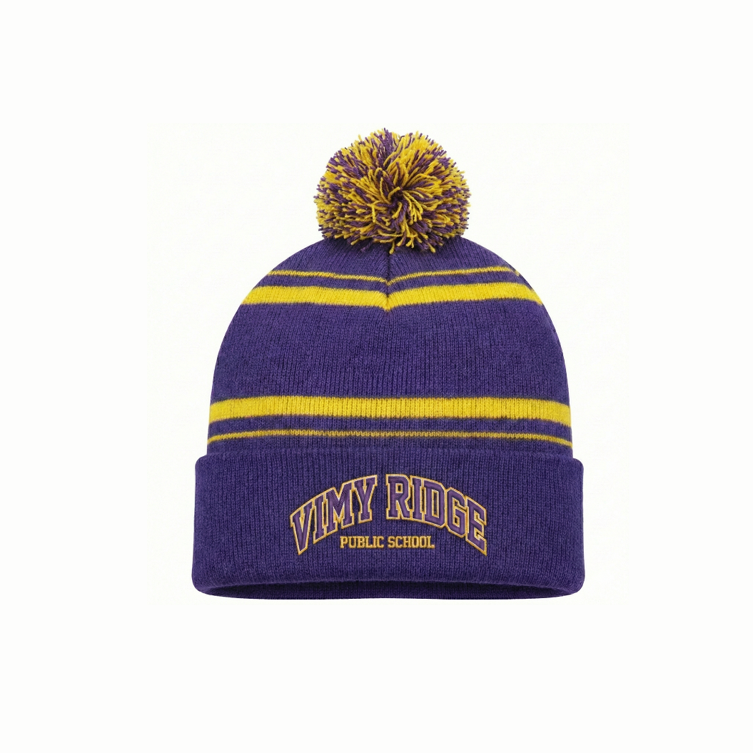Purple beanie with yellow stripes and pom-pom on a white background