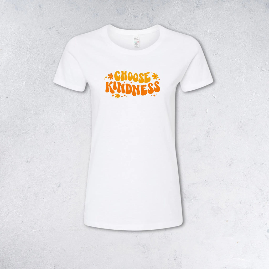 White t-shirt with 'Choose Kindness' text on a gray background
