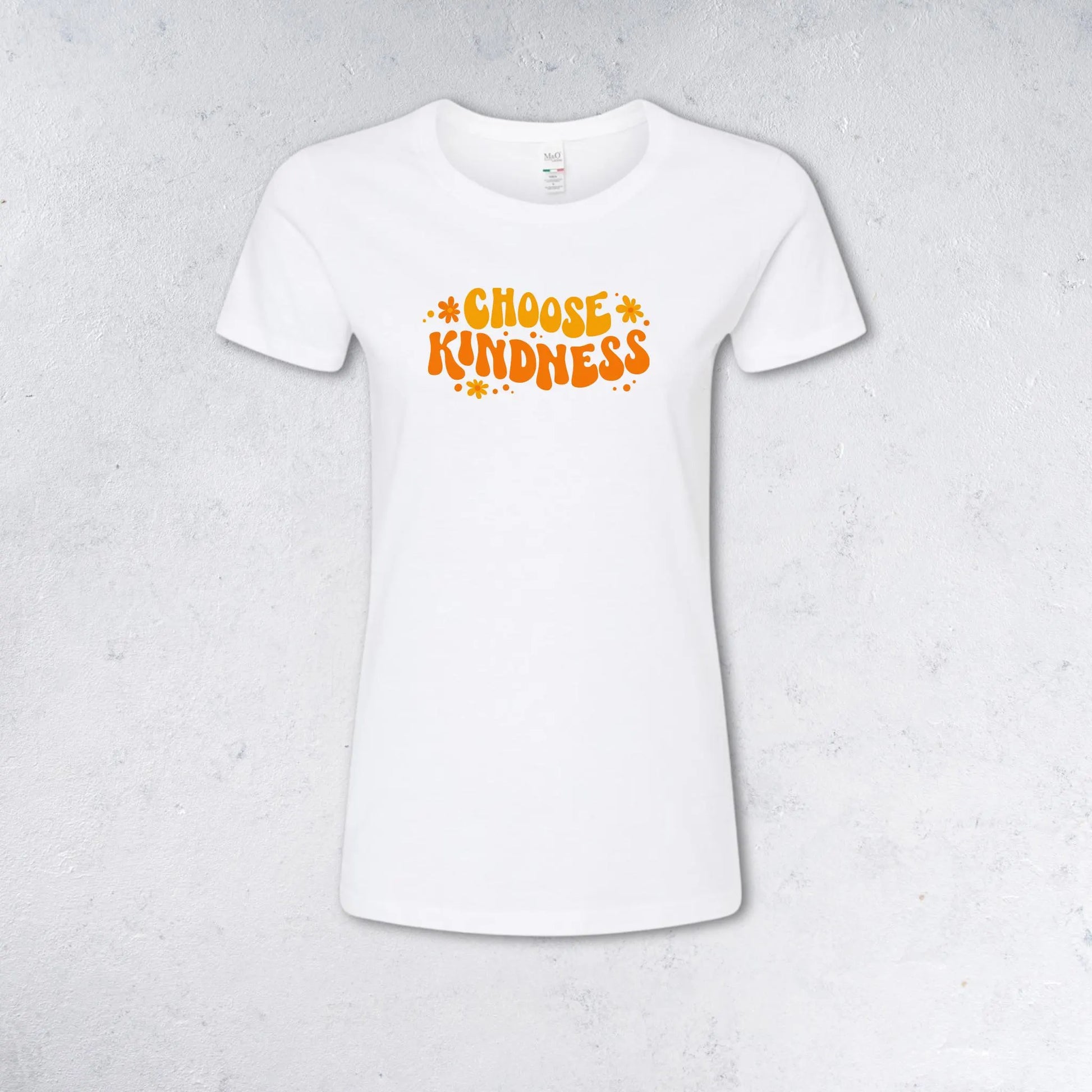 White t-shirt with 'Choose Kindness' text on a gray background